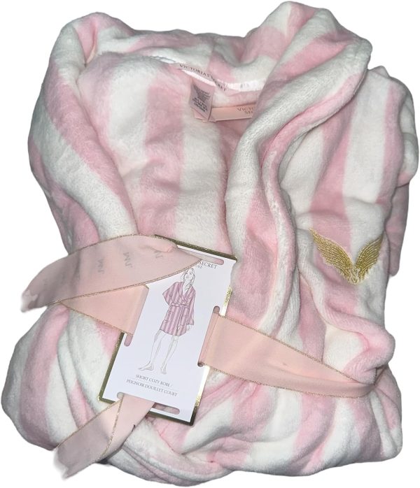 Victoria's Secret Plush Fleece Robe Pink White Stripe Womens-0