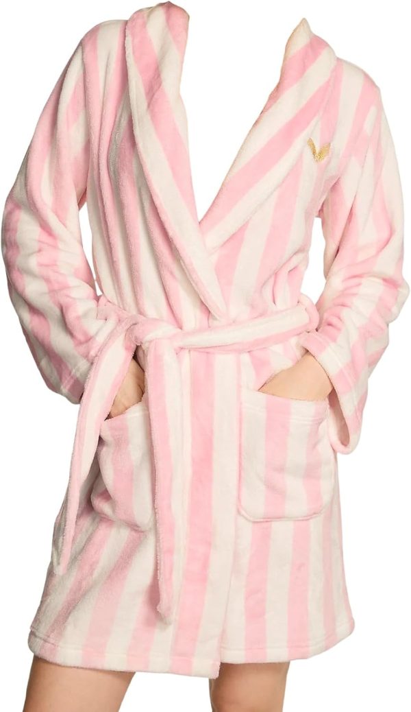 Victoria's Secret Plush Fleece Robe Pink White Stripe Womens-1