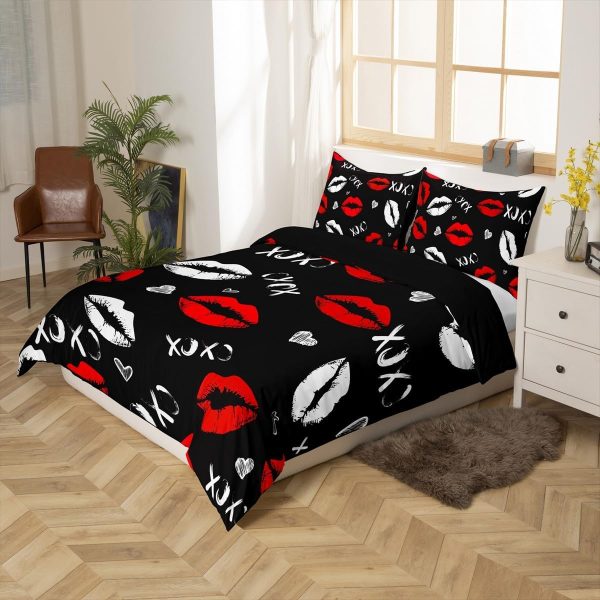 Girls Kiss Duvet Cover Feelyou Red Lips Bedding Set Queen-1