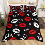 Girls Kiss Duvet Cover Feelyou Red Lips Bedding Set Queen-0