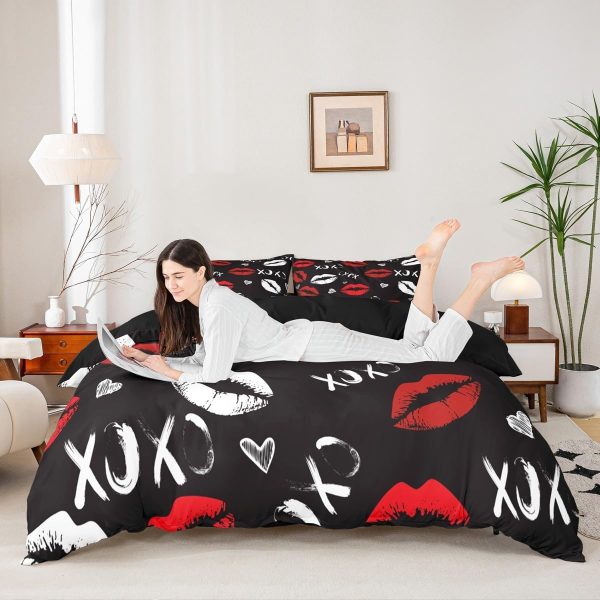 Girls Kiss Duvet Cover Feelyou Red Lips Bedding Set Queen-2