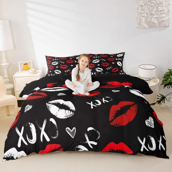 Girls Kiss Duvet Cover Feelyou Red Lips Bedding Set Queen-3