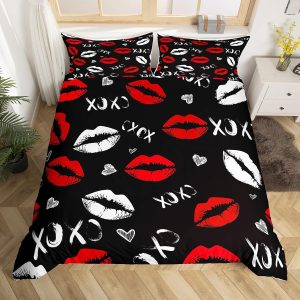 Girls Kiss Duvet Cover Feelyou Red Lips Bedding Set Queen-0