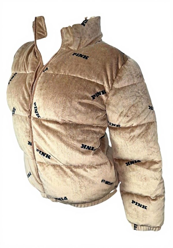 Victoria's Secret Pink Rib Velour Crop Puffer Jacket Caramel