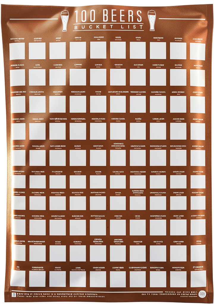 'World Beers scratch off poster displayed on a wall with silver squares intact'