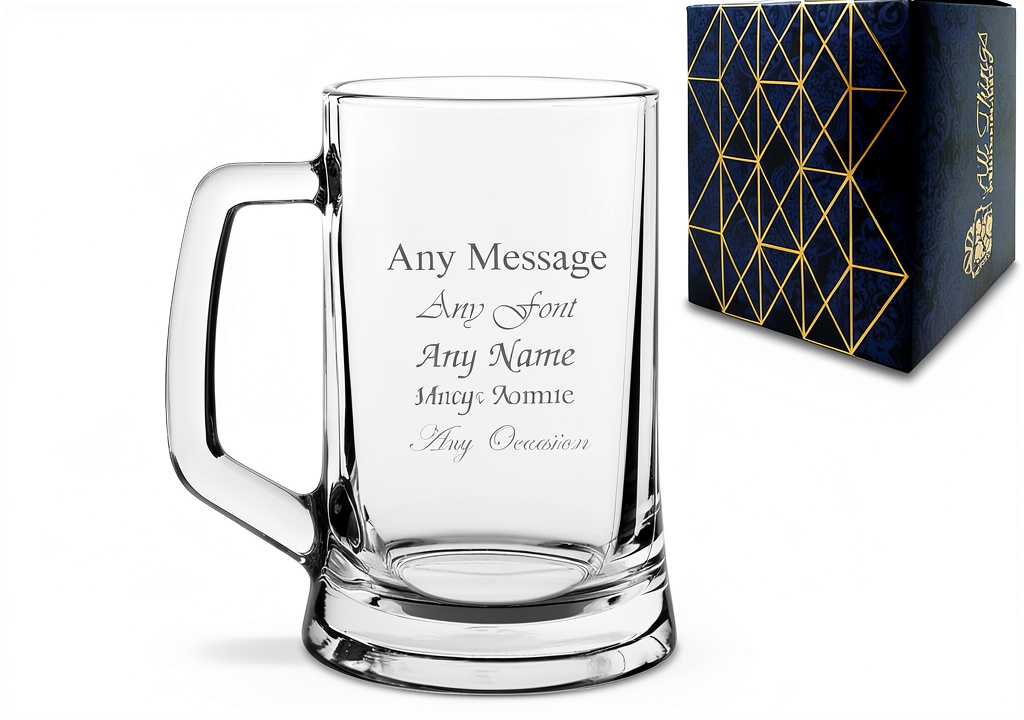 Personalised beer mug with engraved message on a wooden table