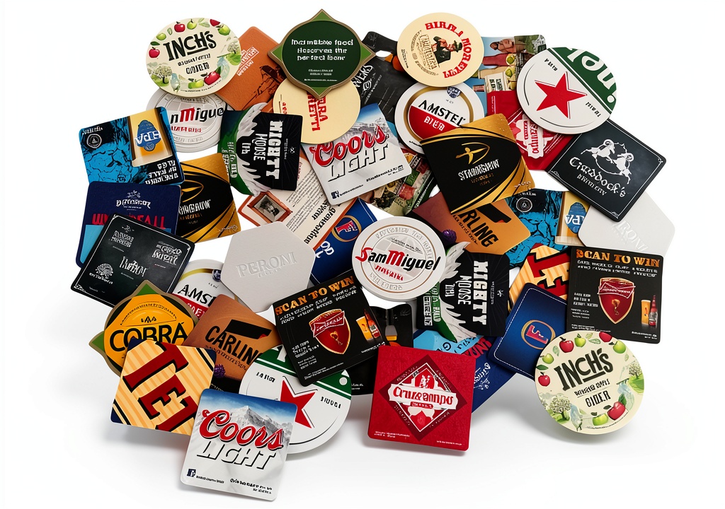 Generic multicolour beer coasters arranged on a wooden table