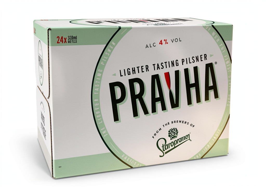 Pravha Light Lager Beer UK Brewed bottles displayed on a wooden kitchen countertop