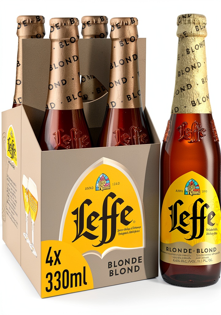 Leffe Blonde beer bottle on a wooden table