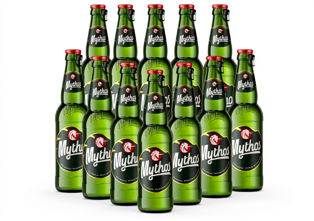 Mythos Premium Greek Lager bottles on a summer patio